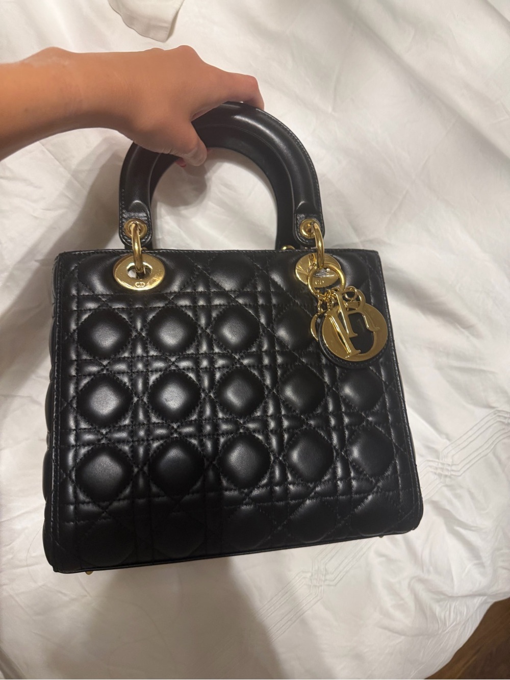 Lady Dior Black Quilted Leather Top-Handle Satchel with Gold Charms -Size M